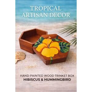 Hand-Painted Tropical Wooden Trinket Box | Artisan Hibiscus & Hummingbird